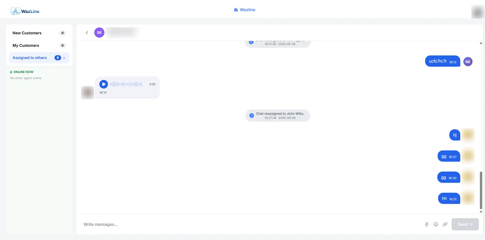 WhatsApp Team Inbox screen in the Wazline dashboard